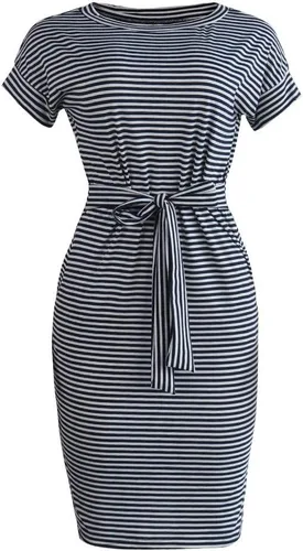 Vista 3 de Ceboyel Vestido de verano a rayas para mujer, vestidos cortos de manga corta, con lazo en la cintura, vestido casual de moda, trajes de negocios