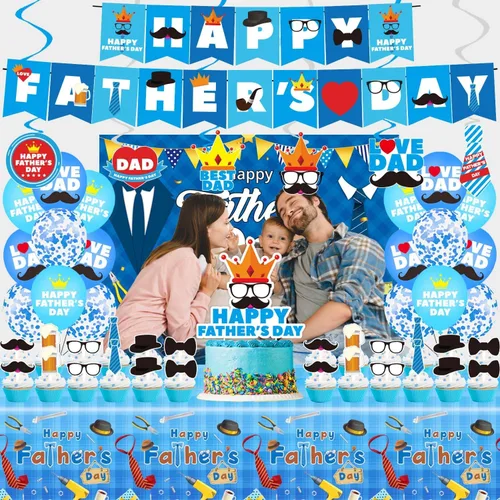 Vista 5 de Decoraciones de fiesta del día del padre, juego de suministros para fiesta del día del padre, incluyendo pancarta, remolinos colgantes, globos