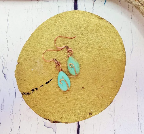 Vista 5 de Aretes colgantes bohemios de cobre y turquesa, joyería de verano, regalo de aniversario de 7 años para ella, aretes únicos para mejor amiga, hermana