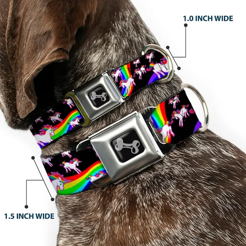 Vista 2 de Buckle-Down Collar de perro con hebilla de cinturón de seguridad, unicornios/arco iris negro, 1 pulgada de ancho, se adapta a cuello de 9 a 15