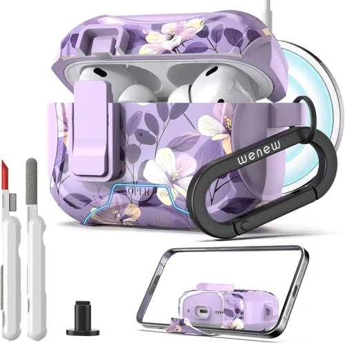 Vista 19 de wenew Funda compatible con AirPods Pro de 2ª/1ª generación con soporte para teléfono, limpiador, clip, compatible con Magsafe, funda de carga