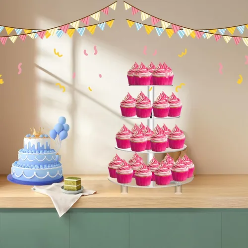 Vista 4 de Jusalpha Soporte redondo de acrílico para cupcakes de 4 niveles, soporte para postres, torre para cupcakes (4 niveles con base)