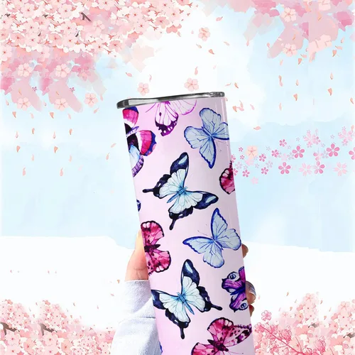 Vista 2 de Regalos de mariposa para mujer, decoración de mariposas, el mejor regalo de cumpleaños, 20 onzas con tapa y pajita, taza de viaje de acero