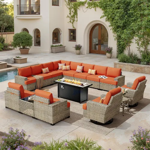 Vista 53 de HOOOWOOO Juego de muebles seccionales de patio con mesa de luz solar, 6 piezas de mimbre para exteriores, sofá en forma de L, juego de conversación