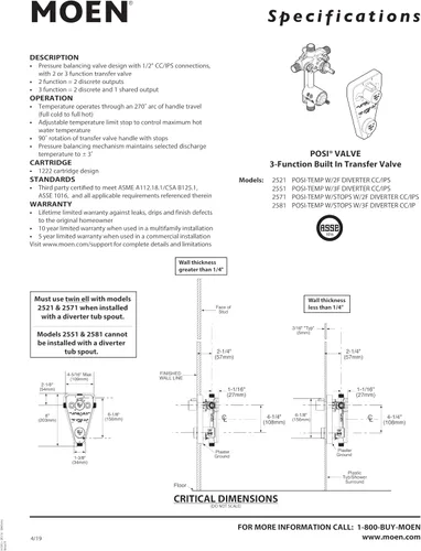 Vista 3 de Moen Posi-Temp - Válvula de equilibrio de presión con válvula de transferencia integrada de 2 funciones para moldura de ducha de 2 manijas, CC/IPS