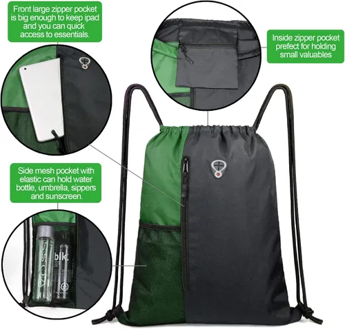 Vista 4 de Mochila con cordón, con estilo deportivo, bolsa de gimnasio para mujeres, hombres y niños, bolsa de gran tamaño con zíper y bolsillos de malla