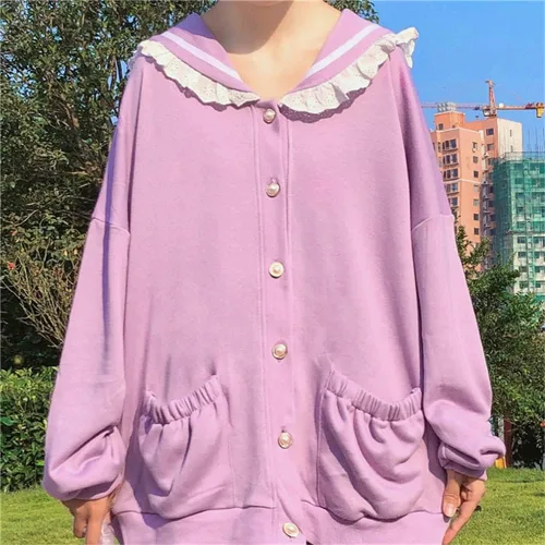 Vista 3 de BZB Kawaii Harajuku - Chaqueta de encaje japonesa para niñas, cuello marinero, con capucha, suéter dulce