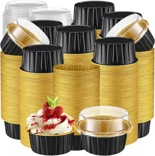 Vista 20 de Gejoy - 400 tazas para hornear de papel de aluminio con tapas, 5 onzas, clásico, negro