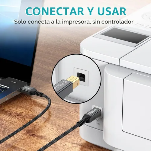 Vista 5 de Cable de impresora USB 2.0 de 10 pies, cable de escáner USB tipo A macho a B macho de alta velocidad para HP, Canon, Dell, Epson, Lexmark, interfaz