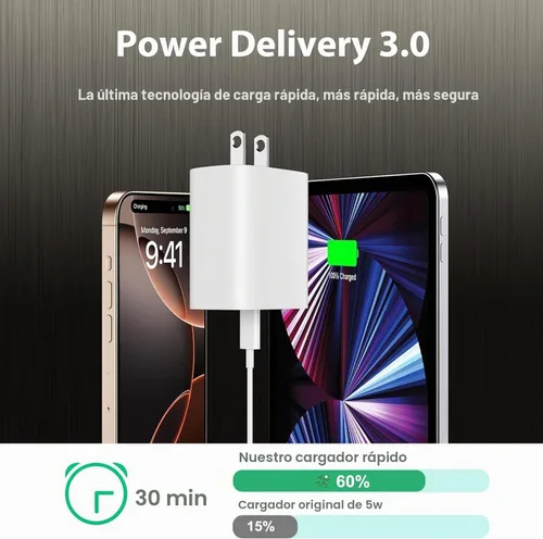 Vista 2 de Cargador para iPhone 14, paquete de 2 cables de carga rápida USB de 10 pies, cable Lightning de carga rápida, bloque de enchufe USB tipo C con cable