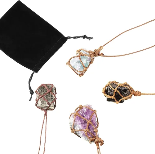Vista 6 de Hicarer 4 collares de cristal, collar de turmalina negro natural, collar con colgante de piedra de cristal, amatista fluorita pirita con cuerda