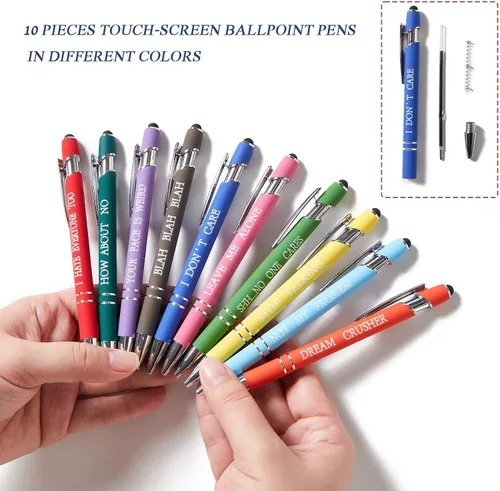 Vista 2 de 10 bolígrafos multicolor divertidos con citas quejándose y función de pantalla táctil, regalos de oficina, bolígrafos pasivos negativos
