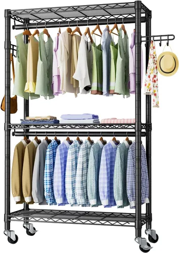Vista 11 de Estante para ropa resistente con ruedas, estante enrollable para prendas, estantes ajustables de alambre de 3 niveles para colgar ropa con barras