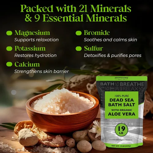 Vista 4 de Aromasong Sal orgánica del mar muerto de aloe vera de 19 libras + baño de recuperación muscular paquete de 3 libras – Hidratación calmante