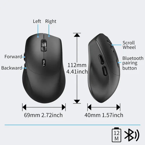 Vista 6 de Ratón silencioso Bluetooth, mouse ergonómico para computadora con botones laterales, ratones silenciosos BT4.2 sin receptor USB, batería de 18