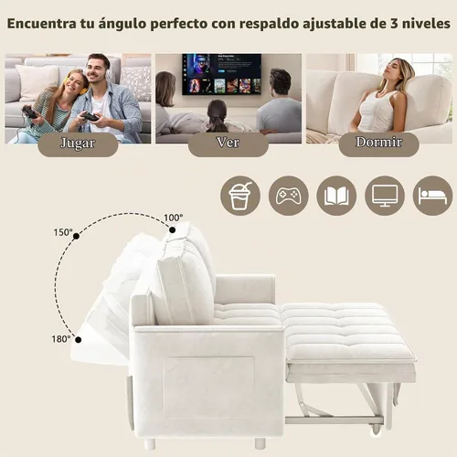 Vista 4 de Wrofly - Sofá cama de felpilla 3 en 1, sofá biplaza extraíble, beige y blanco Blanco beige