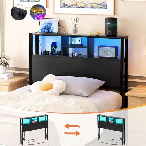 Vista 6 de Cabecero Aheaplus para Cama Individual con Almacenamiento, Cabeceros con Enchufes, Puertos USB y Luz LED, Cabecero Individual Solo, Altura