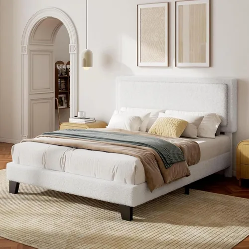 Vista 3 de Base de cama tamaño Queen, plataforma Boucle con cabecera tapizada ajustable, no necesita somier, fácil montaje, color blanco