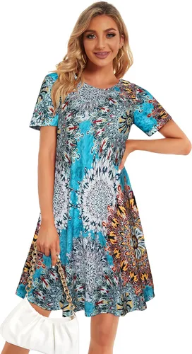 Vista 2 de Vestidos de verano para mujer, camiseta casual de playa, talla grande, floral, manga corta, holgados, vestidos de verano