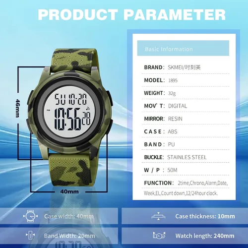 Vista 6 de SKMEI Reloj deportivo digital para hombre, ultrafino, grande, impermeable, con cronómetro, temporizador de cuenta regresiva, función de alarma, luz