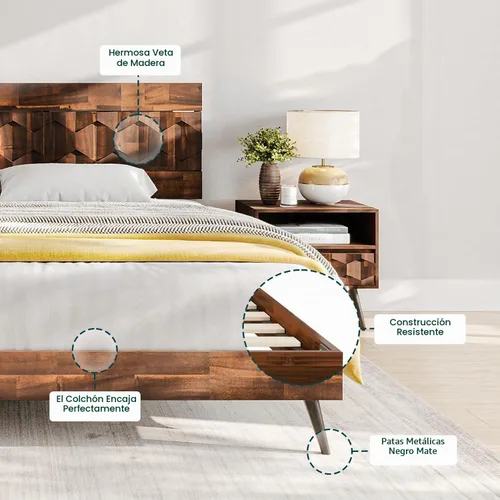 Vista 4 de Bme Georgina - Marco de cama tamaño Queen con cabecero y diseño geométrico artesanal distintivo, diseño con patente estadounidense pendiente, madera