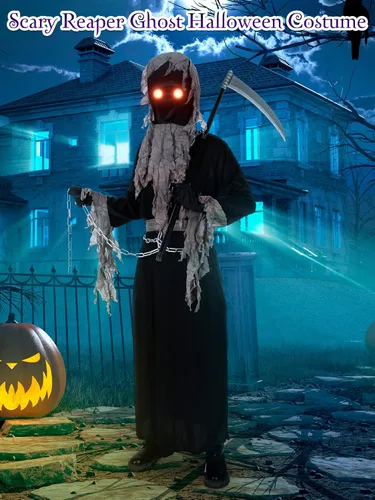 Vista 4 de Disfraz de parca sombría para niños con ojos rojos brillantes, Halloween, cosplay, guadaña de la muerte, accesorios para disfraz de miedo, vestido