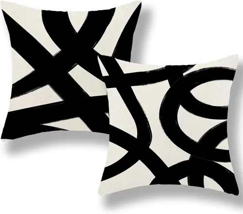 Vista 16 de Fundas de cojín en blanco y negro 16x16 Juego de 2 Fundas de cojín geométricas abstractas de arte moderno de línea Modernas estilo minimalista