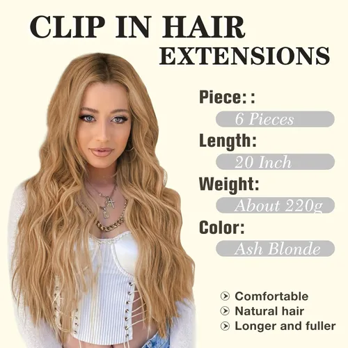 Vista 2 de NAYOO - Extensiones de cabello con clip, extensiones sintéticas onduladas de 20 pulgadas, 6 unidades Wavy Curly Hair, Full Head Coverage, Heat