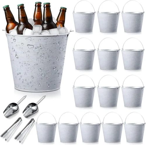Vista 12 de Zopeal Juego de 24 cubos de cerveza galvanizados, 16 cubos de metal con 4 cucharadas y 4 pinzas, cubo de hielo rústico de 7 pulgadas para fiestas