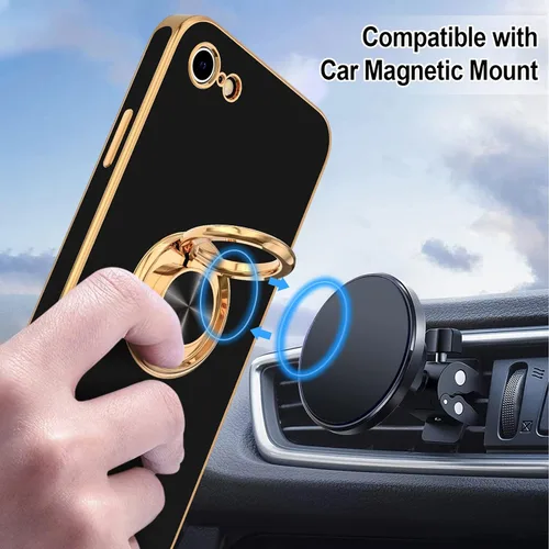 Vista 5 de Hython Funda para iPhone SE 2022, iPhone SE 2020, iPhone 7, iPhone 8 con soporte de anillo soporte magnético, chapado en oro rosa, TPU suave, Negro