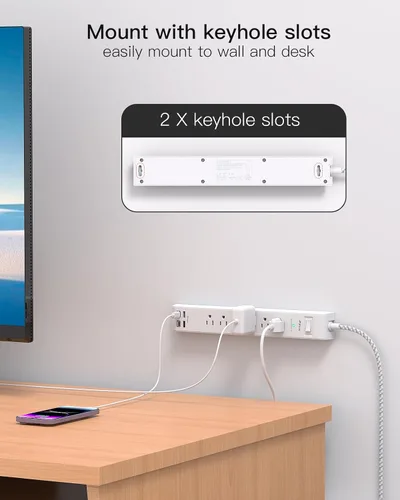 Vista 7 de Paquete de 2 regletas protectoras de sobretensión, 6 tomas, 4 puertos de carga USB, cable de extensión trenzado de 5 pies, enchufe plano, protección