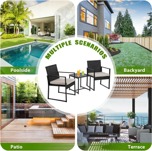 Vista 12 de PayLessHere Juego de muebles de patio al aire libre de 3 piezas Caqui Moderno juego de bistró de ratán con sillas acolchadas y mesa de centro