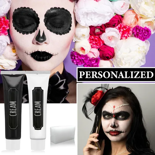 Vista 7 de Kit de maquillaje de pintura facial de Halloween, pintura corporal negra y blanca, efectos especiales, fiestas, bromista blanco, cosplay, disfraz
