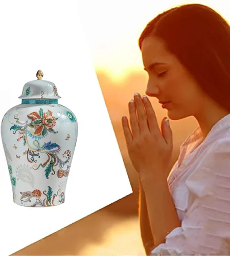 Vista 6 de Urna de flores para cenizas para adultos, 11.6 pulgadas, 200 libras, cerámica decorativa, flores de pavo real, urna grande, capacidad de 200