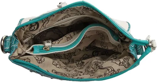 Vista 4 de Estilo occidental Metal mariposa Rhinestone tachonado floral Tooled cuero mujeres bolso Crossbody bolso solo hombro