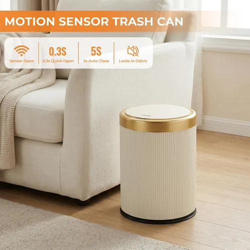 Vista 2 de Pukomc Bote de basura automático con sensor de movimiento con tapa Beige