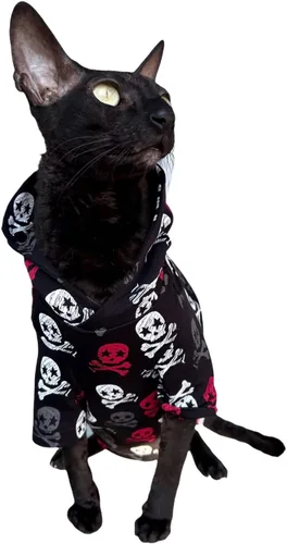 Vista 6 de Sudadera con capucha de gato calaveras en negro 100% algodón para Sphynx y gatos desnudos (grande)