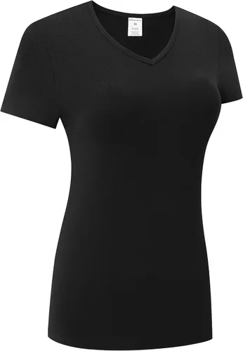 Vista 3 de OThread & Co. Camiseta de manga corta para mujer, cómoda con cuello en V, capa elástica básica