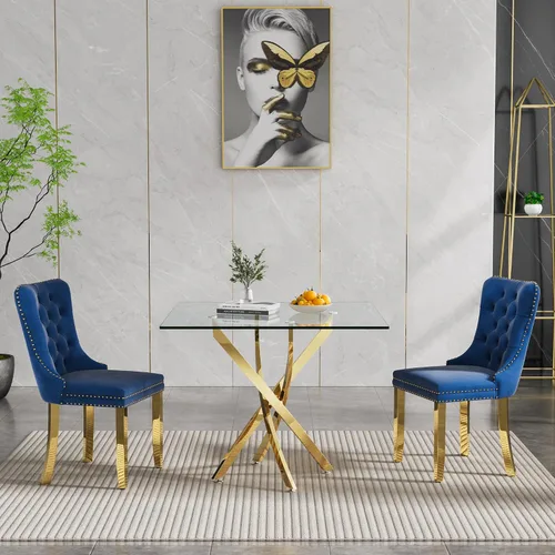 Vista 103 de Juego de mesa de comedor SSLine moderno de 3 piezas con mesa redonda de vidrio para 2, lujosa mesa de comedor circular de 36" con tapa de vidrio