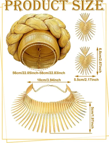 Vista 3 de Yinkin Juego de joyas africanas para mujer, para fiestas, doradas, collares, baberos, turbante africano, para fiestas temáticas