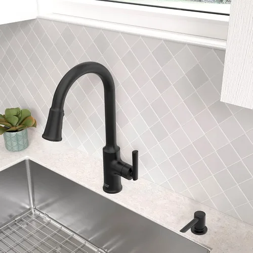 Vista 4 de American Standard 7421300.243 Raviv - Grifo de cocina desplegable con rociador y dispensador de jabón, color negro mate