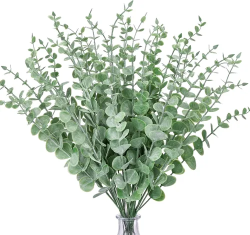 Vista 8 de CEWOR 8 piezas de tallos de eucalipto decorativas 35.8 cm hojas artificiales de eucalipto falsas ramas de vegetación verde para centro de mesa