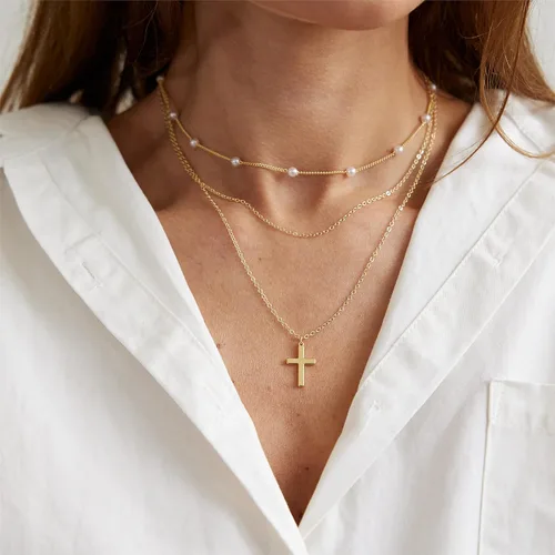 Vista 2 de VIROMY - Delicado collar de oro para mujer, chapado en oro de 14 quilates, collar de satélite de triple capa, collar de clip con cadena