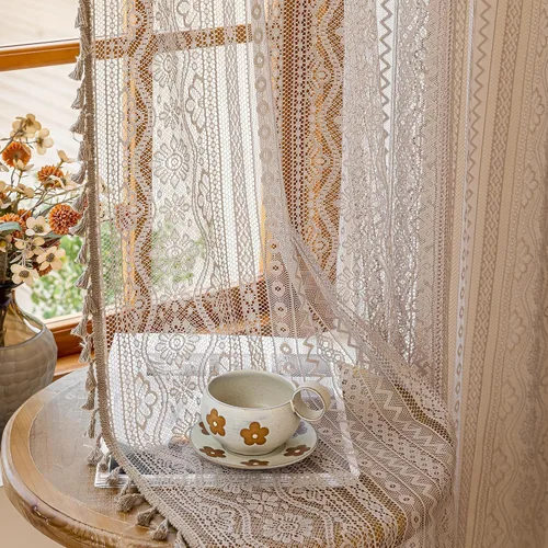 Vista 14 de MYSKY HOME Cortinas de encaje beige para puerta francesa de 40 pulgadas de largo, 2 paneles de cortinas florales bohemias transparentes para puerta