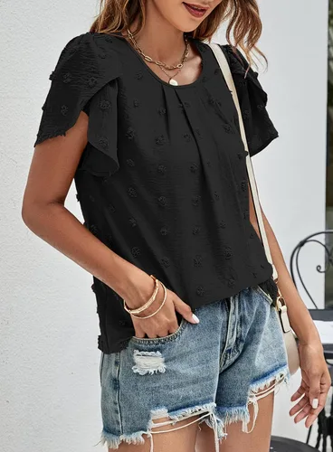 Vista 2 de Beaully Blusas de verano para mujer, estilo bohemio, de manga corta, cuello redondo, encaje de ganchillo, blusas de gasa