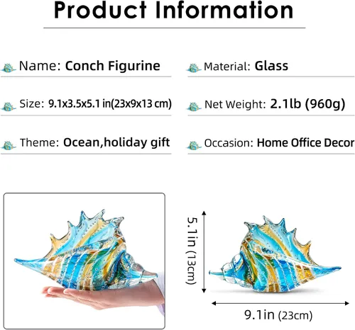 Vista 2 de EUSTUMA Adorno de figuras de caracolas de vidrio soplado a mano, adorno de animales marinos para decoración del hogar, colección de animales marinos