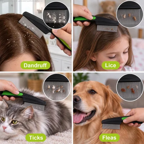 Vista 5 de Peine para pulgas para perros y gatos, peine de garrapatas de acero Verde-2pcs
