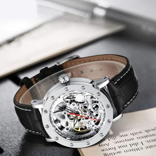 Vista 4 de IK COLOURING Reloj de pulsera mecánico de acero inoxidable con diseño steampunk, de cuerda automática con números romanos, Mecánico, cuerda