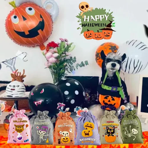 Vista 3 de HIPIHOM 24 bolsas de regalo con cordón de arpillera, bolsas de dulces para decoración de fiesta de Halloween