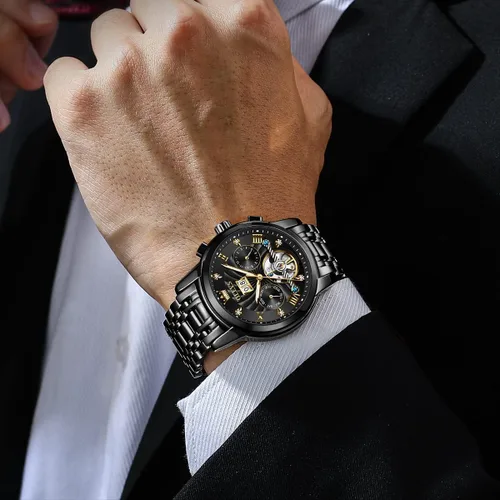 Vista 4 de OLEVS Relojes automáticos para hombre, oro de lujo, vestido de diamantes de cuerda automática, esqueleto mecánico, Tourbillon, reloj de pulsera